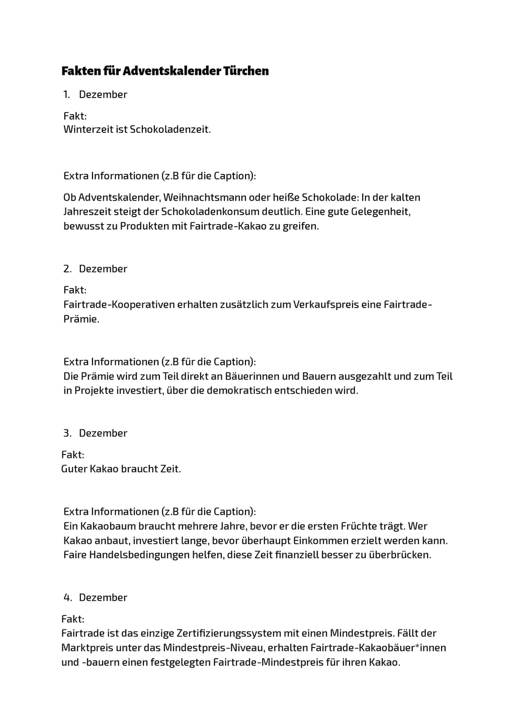 Digitaler Adventskalender mit Fakten zu fairem Kakao
