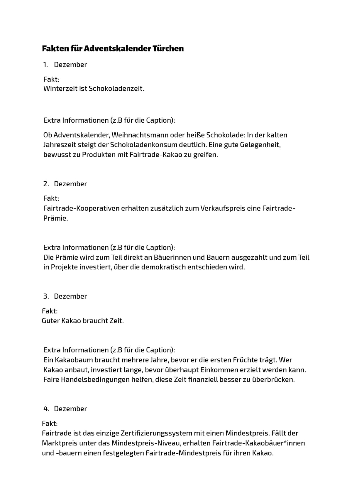 Digitaler Adventskalender mit Fakten zu fairem Kakao