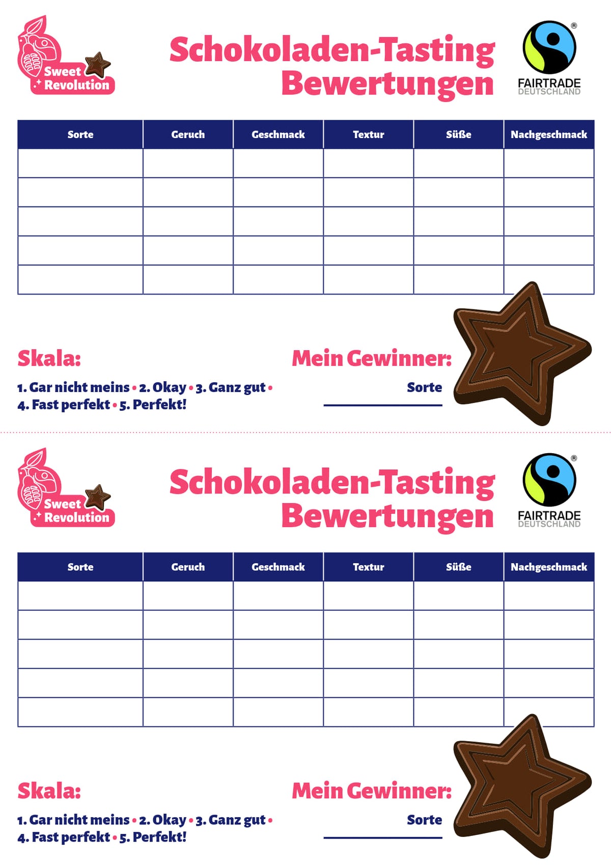 Bewertungskarten für Schokoladen-Tastings